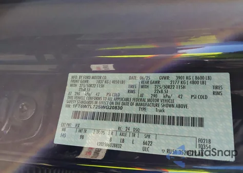 2025 Ford F-150 Lightning Platinum from USA, damaged, VIN 1FT6W7L72SWG20830